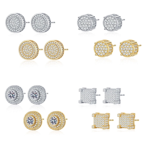 Hip Hop Stud Earrings Alloy Cubic Zirconia Micro Pave Iced Out Geometric Round Square Streetwear Fashion Unisex