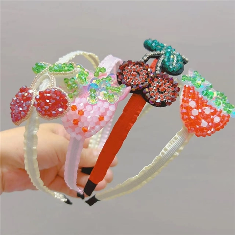 Fruit Strawberry Cherry Handmade Beaded Hair Clips Headbands Faux Artificial Pearl Rhinestone Sweet Korean Style For Girls Kids