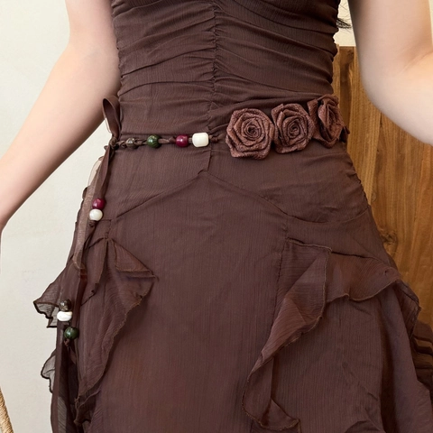 Vintage Fabric Rose Flower Waist Chain Belt For Women Bohemian Style Chiffon Ribbon With Wood Acrylic Beads