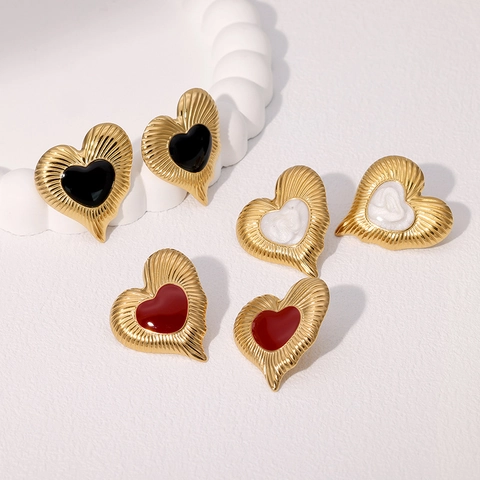 Retro Hartvormige Oorknopjes Roestvrij Staal 18K Verguld Emaille Franse Stijl Vintage Mode Sieraden Voor Dames