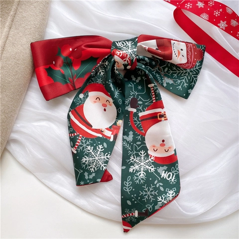 Écharpe Étroite Femme Noël Nouvel An Bandeau Cheveux Satin Polyester Nœud Cou Père Noël Renne Flocon de Neige Accessoire