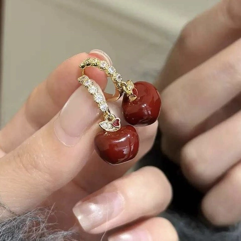 Boucles Oreilles Créoles Pomme Cuivre Plaqué Or Avec Zircon Émail Rouge Bijoux Rétro Élégants Pour Femmes