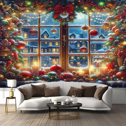 Weihnachts Wandteppich Wandbehang Polyester Festliche Fenster Szene Weihnachtsmann Katze Hintergrund Für Heimparty Dekoration