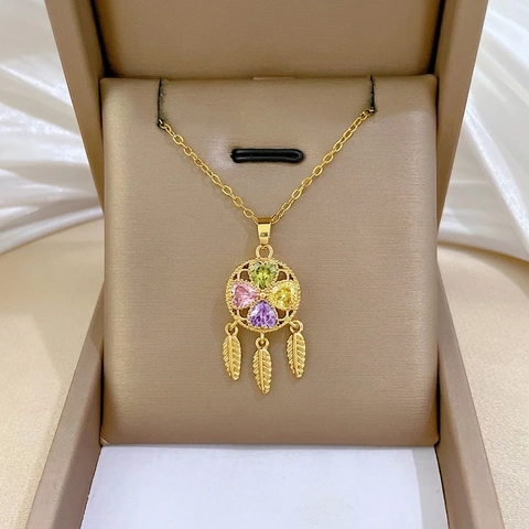Collana Con Ciondolo Acchiappasogni Catena In Acciaio Inossidabile Rame Cuore Colorato Zirconia Piuma Gioielli Eleganti