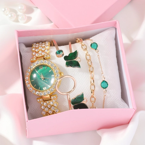 Women Quartz Watch Butterfly Bracelet Emerald Green Dial Rose Gold Alloy Rhinestone Elegant Fashion Accessory For Lady