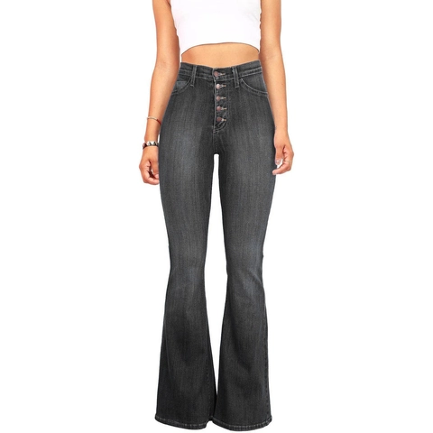 Damen Flare Jeans Hohe Taille Stretch Denim Mehrere Knöpfe Schlanke Passform Retro Schlaghose Jeanshose