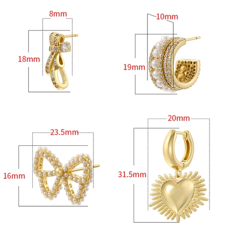 Elegant Brass Bow Knot Heart Earrings For Women With Artificial Pearl And Rhinestone C-Shape Stud Earrings Jewelry Gift