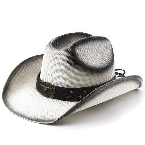 Westerse Cowboyhoed Papierstro Gevlochten Brede Rand Bull Head Metalen Gesp Leren Riem Retro Outdoor Zonnehoed Volwassene