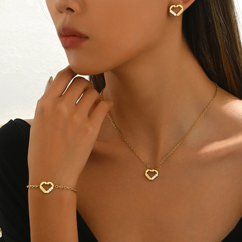 Juego de Joyas de Corazón de Acero Inoxidable para Mujer Grabado LOVE Diamante de Imitación Dorado Plateado Collar Pulsera Pendientes
