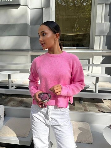 Women Knit Sweater Cotton Blend Round Neck Long Sleeve Solid Color Side Slit Hem Casual Pullover Top Loose Fit Knitwear