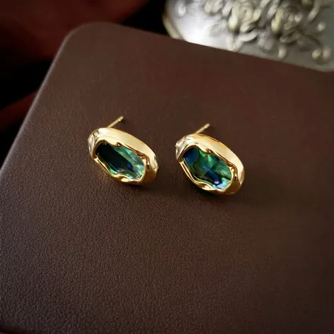 Boucles D'oreilles Puces Ovales Irrégulières Avec Incrustation De Coquille D'abalone Et Tige En Argent Sterling 925 Style Rétro