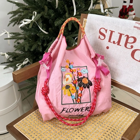Borsa A Spalla In Nylon Donna Ricamo Floreale Grande Capacità Borsa Tote Shopping Coulisse Stile Coreano Moda Pendolare