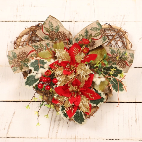 Ghirlanda Di Natale A Forma Di Cuore Ornamento Da Appendere In Rattan Luce LED Calda Poinsettia Nastro Di Lino Bacche Porta