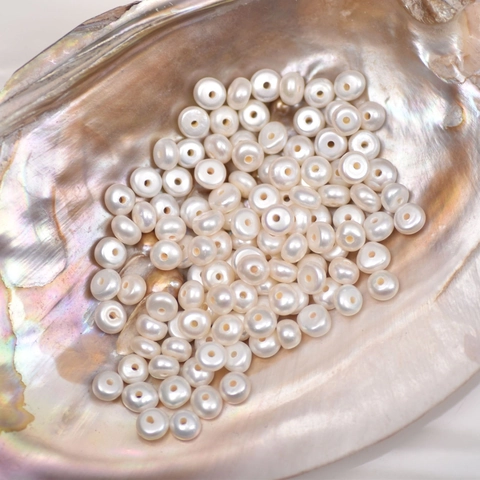 Perle Sciolte di Perla d'Acqua Dolce Bianca Naturale Tonda Piatta Abaco Con Foro Grande per Creazione di Gioielli DIY Bracciale Collana