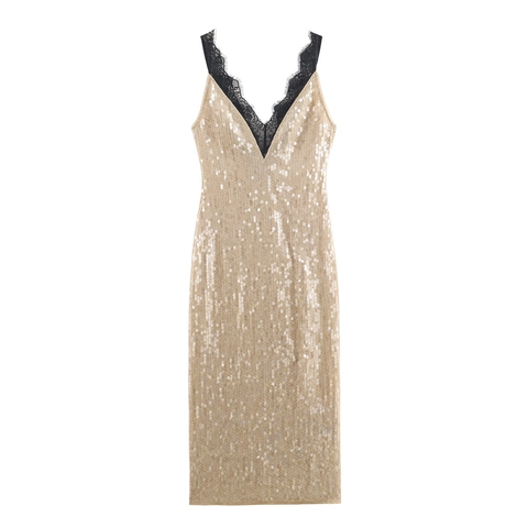 Elegantes Pailletten Maxi Kleid Mit V-Ausschnitt Und Spitzenbesatz Für Damen Abendparty Funkelnd Champagner Gold