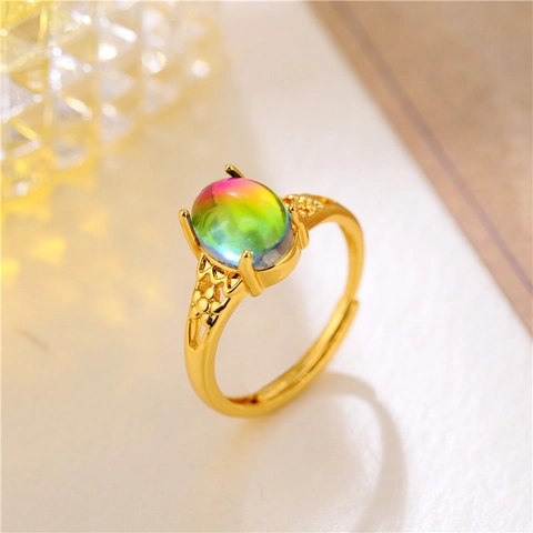 Adjustable Open Ring Copper Gold Plated Iridescent Rainbow Stone Hollow Heart Flower Design Retro Elegant For Women