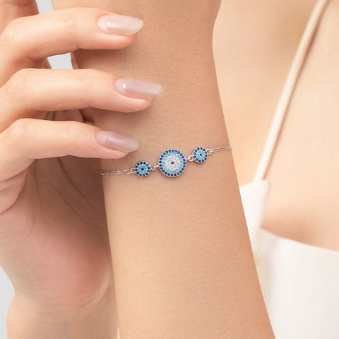 925 Sterling Silber Armband Für Damen Mit Blau Weißen Zirkonia Teufelsauge Anhänger Elegant Mode Schmuck Geschenk