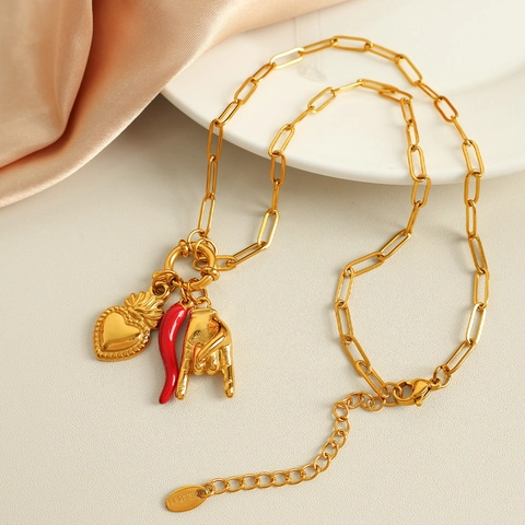Stainless Steel Paperclip Chain Necklace With Red Enamel Chili Heart And Horn Hand Pendants Retro Fashion Jewelry For Women