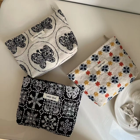 Neceser De Lona Bordado Retro Patrón Flores Mariposa Cremallera Bolsa De Almacenamiento Organizador De Maquillaje