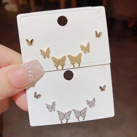 Butterfly Stud Earrings Gold Plated Copper With Cubic Zirconia Shiny Sweet Elegant Aesthetic Jewelry For Women Girls