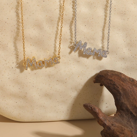 Collar Con Colgante De Letra Mama Acero Inoxidable Circonita Cúbica Pavé Bañado En Oro De 14K Regalo Minimalista Para Mujer