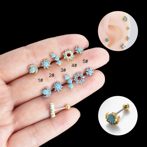 Stainless Steel Earring Studs Zircon Artificial Turquoise Cartilage Piercing Jewelry Screw Back Moon Heart Shapes Women