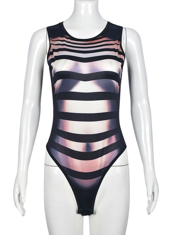 Body Sexy Da Donna Senza Maniche Girocollo Illusione Stampa Corporea A Righe Poliestere Alta Elasticità Streetwear Top