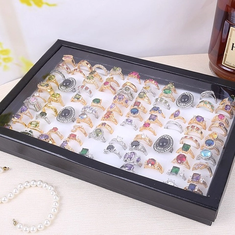 Ring Display Box Jewelry Storage Organizer PU Leather With Transparent Lid Dustproof Velvet Case For Earrings Pins