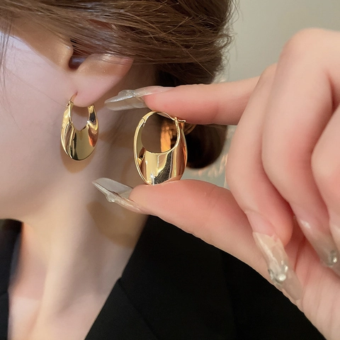 Pendientes De Aro Ovalados Gruesos Cobre Con Poste De Plata Minimalista Pulido Geométrico Joyería Elegante Mujeres