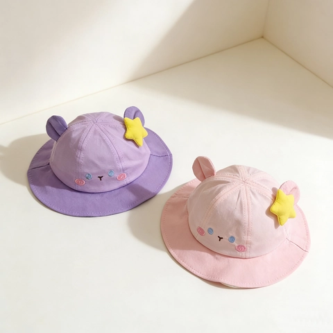 Cappello Alla Pescatora Per Neonati Cotone Tesa Larga Protezione Solare Orso Stella Patchwork Traspirante Sottogola