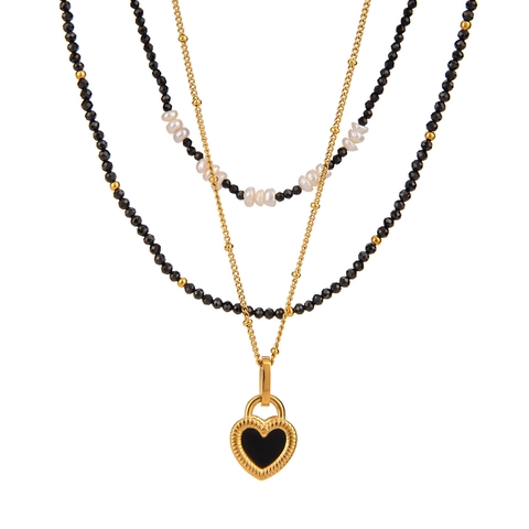 Collar con Colgante de Corazón de Acero Inoxidable para Mujer Elegante Perla Artificial Negra con Cuentas Joyería en Capas