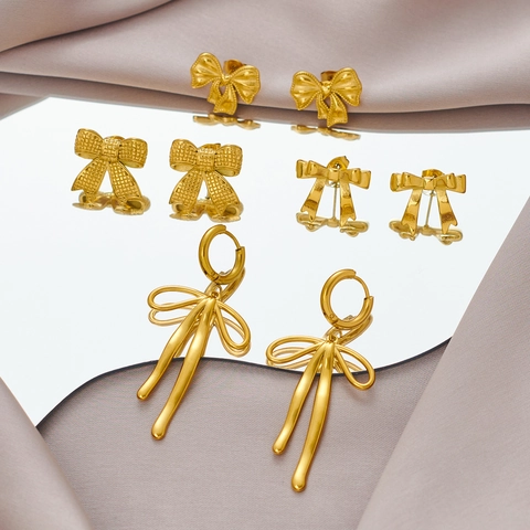 Bowknot Stud Earrings 304 Stainless Steel 18K Gold Plated Elegant Korean Style Jewelry For Women Vintage Accessories