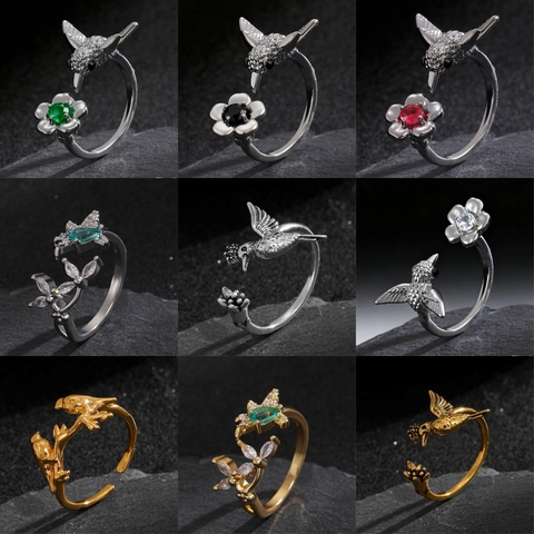 Vintage Copper Hummingbird Flower Open Ring For Women Adjustable Animal Leaf Eagle Raven Frog Skull Bohemian Jewelry Gift