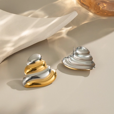 Two Tone Heart Shape Wave Textured Stud Earrings For Women Stainless Steel Gold Silver Color Block Earrings Jewelry