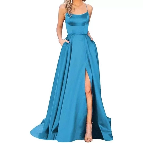 Elegante Vestido de Noche de Satén con Tirantes Finos y Abertura Alta Sexy Color Sólido Largo de Gala para Mujer
