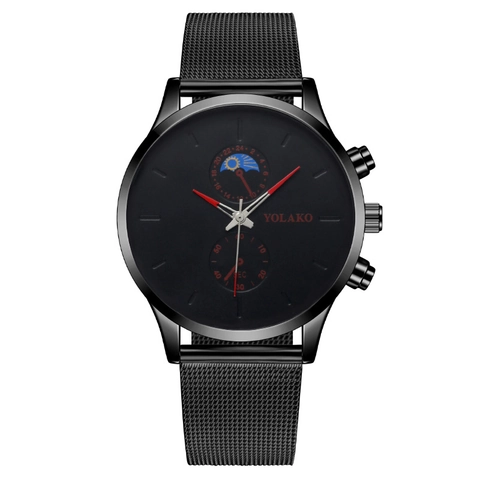 Men Quartz Watch Fashion Business Minimalist Day Night Phase Display Two Sub Dials Stainless Steel Mesh Strap Alloy Case