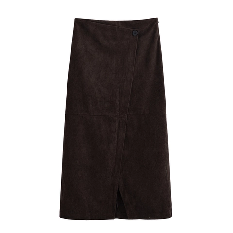 Falda Midi De Gamuza Sintética De Cintura Alta Color Sólido Abertura Lateral Falda Lápiz Moda Streetwear Mujer Sexy Marrón