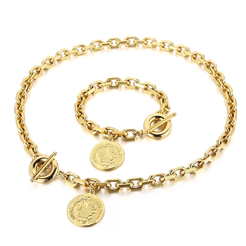 Stainless Steel Chunky Chain Necklace Bracelet Saint Benedict Medal Coin Pendant Toggle Clasp Vintage Unisex Accessories