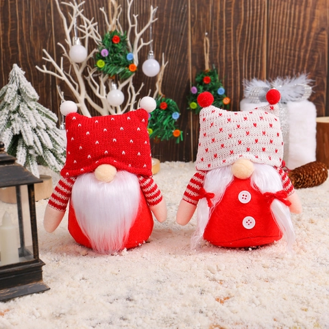 Ornements De Gnome De Noël En Peluche Bonnet Tricoté Poupée Sans Visage Avec Barbe Blanche Tresse Pour Décoration De Table Maison Rouge Blanc Cadeau De Fêtes
