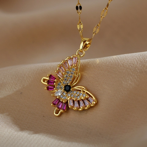 Collana Con Ciondolo A Farfalla Placcata Oro Zirconi Colorati Micro Intarsiati Catena Della Clavicola Gioielli Da Donna Elegante