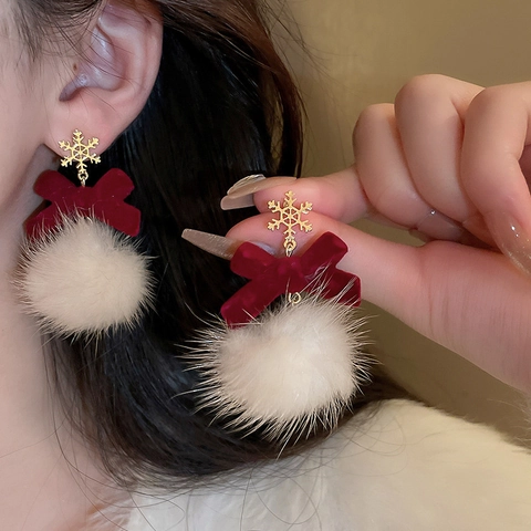 Snowflake Red Velvet Bow White Pom Pom Dangle Earrings With 925 Sterling Silver Earring Post Christmas Jewelry For Women