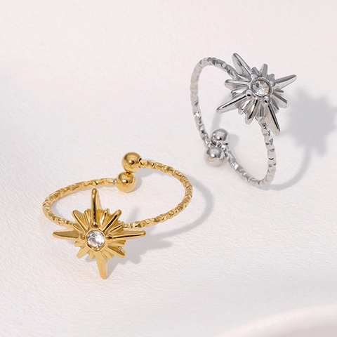 Edelstahlring Offen Verstellbar Mit Achtzackigem Stern Hammerschlag Textur Zirkon Minimalistischer Schmuck Für Damen