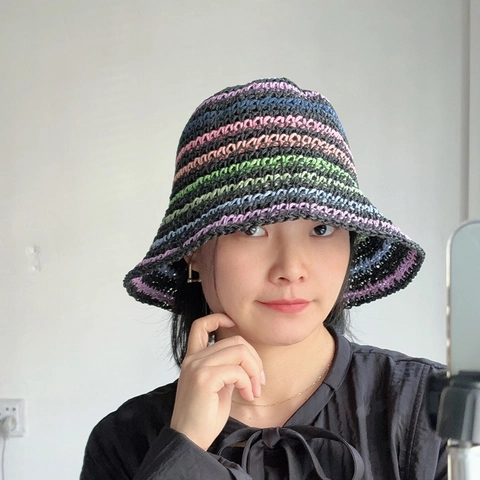 Cappello A Secchiello In Paglia Di Carta Fatto A Mano Da Donna Righe Colorate Pieghevole Protezione Solare Spiaggia