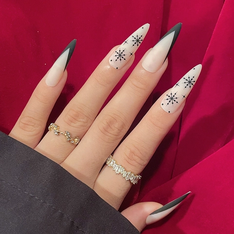 Uñas Postizas Long Stiletto Diseño Copo De Nieve Forma En V Francés Mate Uñas Artificiales Para Navidad Invierno