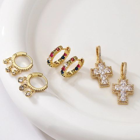 Pendientes De Aro De Cobre Bañados En Oro Con Colgante De Cruz Circonita Piedra Colorida Geométrico Joyería Para Mujer