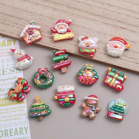 Resin Christmas Cabochons DIY Accessories Iridescent Santa Snowman Reindeer Crafts For Hairclip Phone Case Decoration