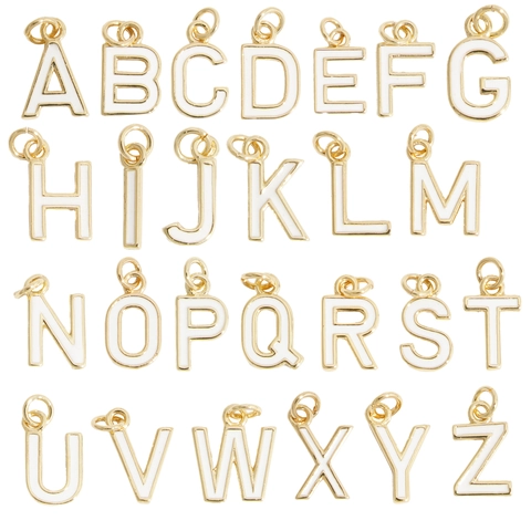 Ciondoli Lettere Alfabeto Smalto Bianco Rame Placcato Oro DIY Creazione Di Gioielli Charms Per Collane Bracciali Donne Minimaliste