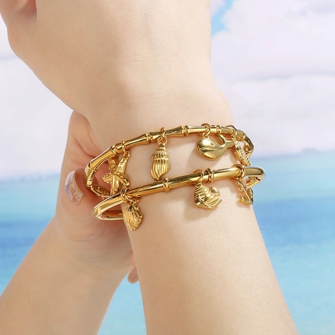 Oceaan Serie Zeester Schelp Dolfijn Bedels Bangle Armband 18K Verguld Roestvrij Staal Bamboe Sieraden Voor Vrouwen