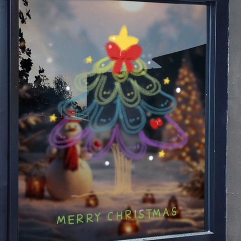 Adesivi Per Finestre Di Natale PVC Statico Doppia Faccia Colorato Albero Disegnato A Mano Decorazione Per Porte In Vetro