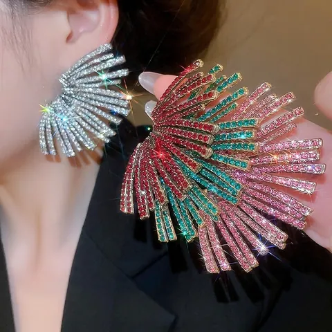 Fan Shaped Statement Earrings Alloy Sparkling Rhinestone Radiant Geometric Jewelry For Women With Silver Earring Post